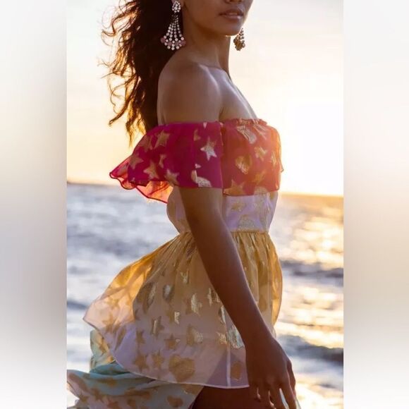 NWT LoveShackFancy VYNNE Maxi off shoulder DRESS SURFER FUSCHIA LIGHT Size: 8 - Picture 3 of 16